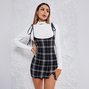 Knot Shoulder Split Plaid Overall Dress